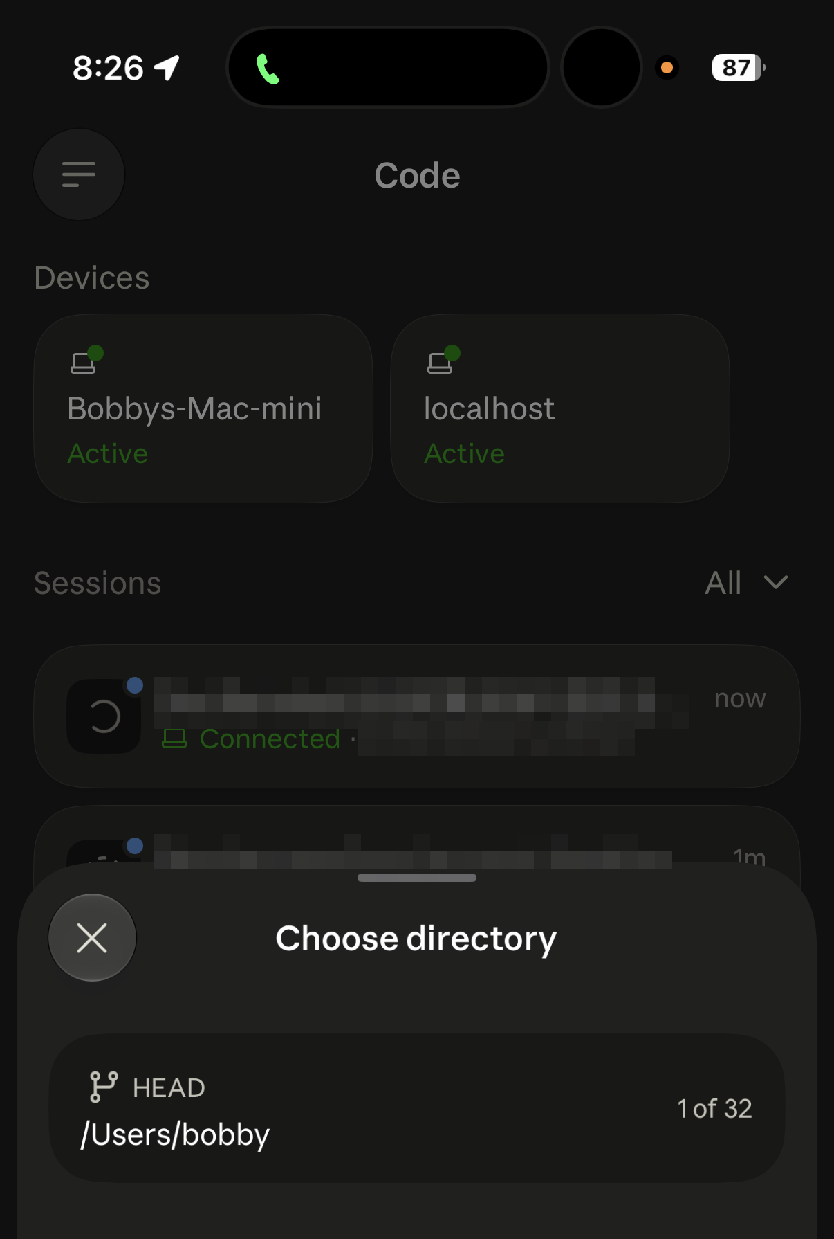 Claude iOS Devices panel listing two connected machines, with the Choose directory sheet showing a directory and 1 of 32 capacity