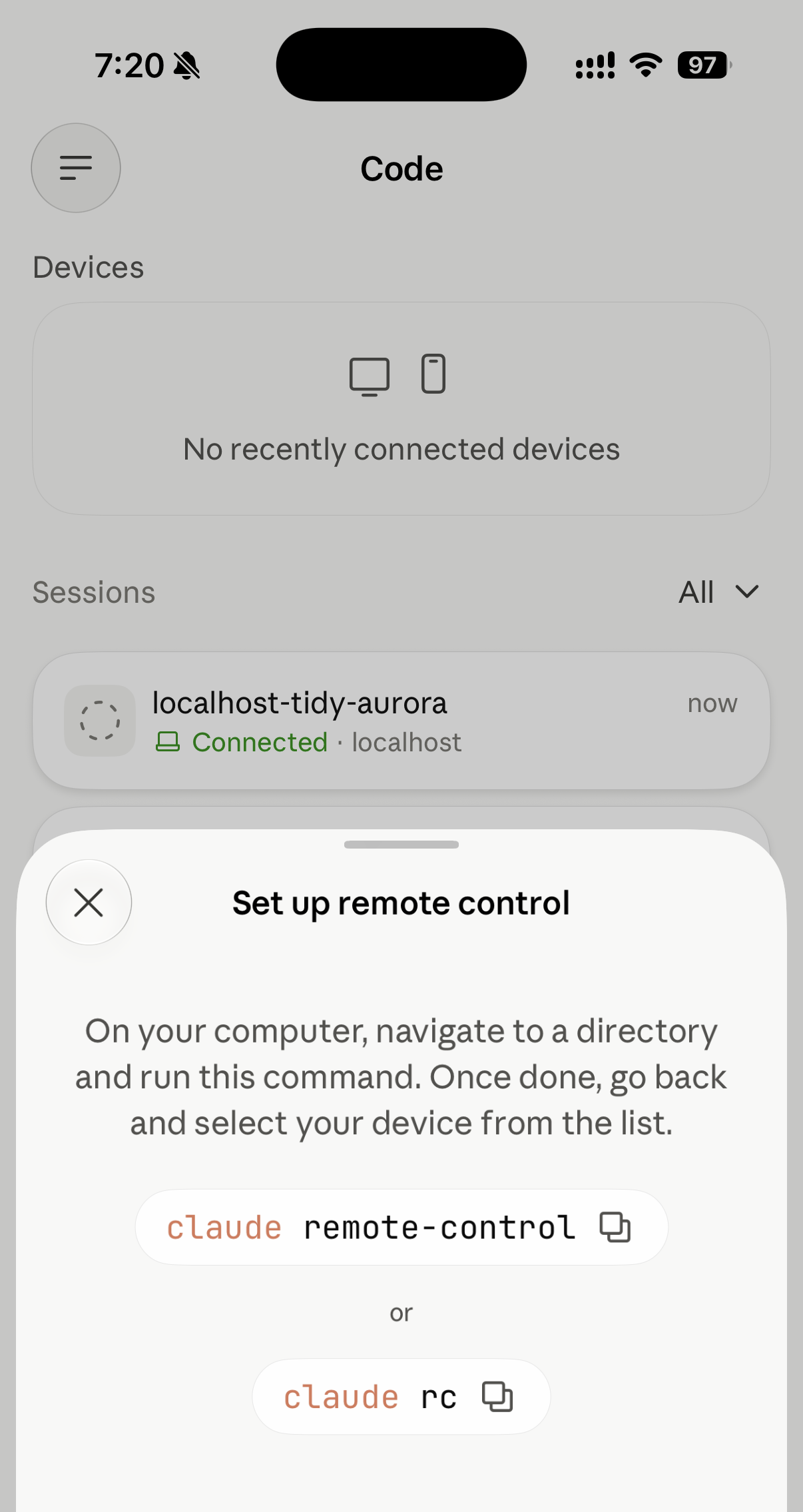 Claude iOS "Set up remote control" sheet: Devices shows No recently connected devices, with instructions to navigate to a directory on your computer and run claude remote-control or claude rc