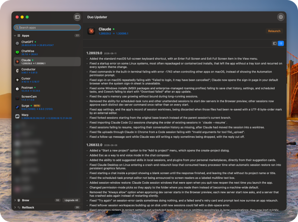 The workbench window: a sidebar listing every scanned app, and the release notes for the selected one