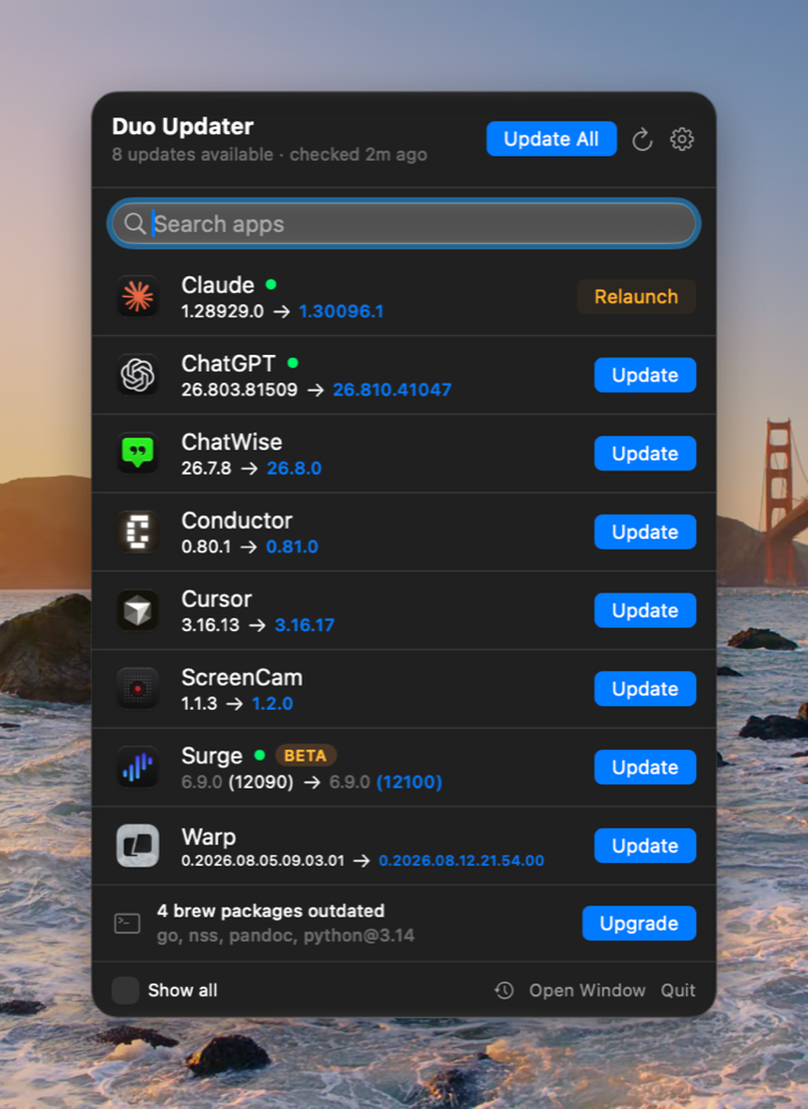 The Duo Updater menu bar popover: each row shows the installed version, the new version, and either an Update or a Relaunch button